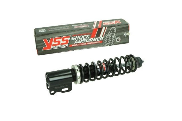 Schokbreker yss voorvork verstelbaar 210mm zwart past op et2-et4, lxv, vespa lx, vespa s, zip sp